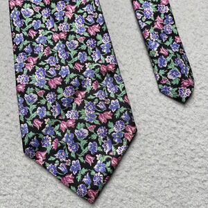 Lauren Ralph Lauren Mens Silk Floral Tie Black Purple Pink Green Made in USA